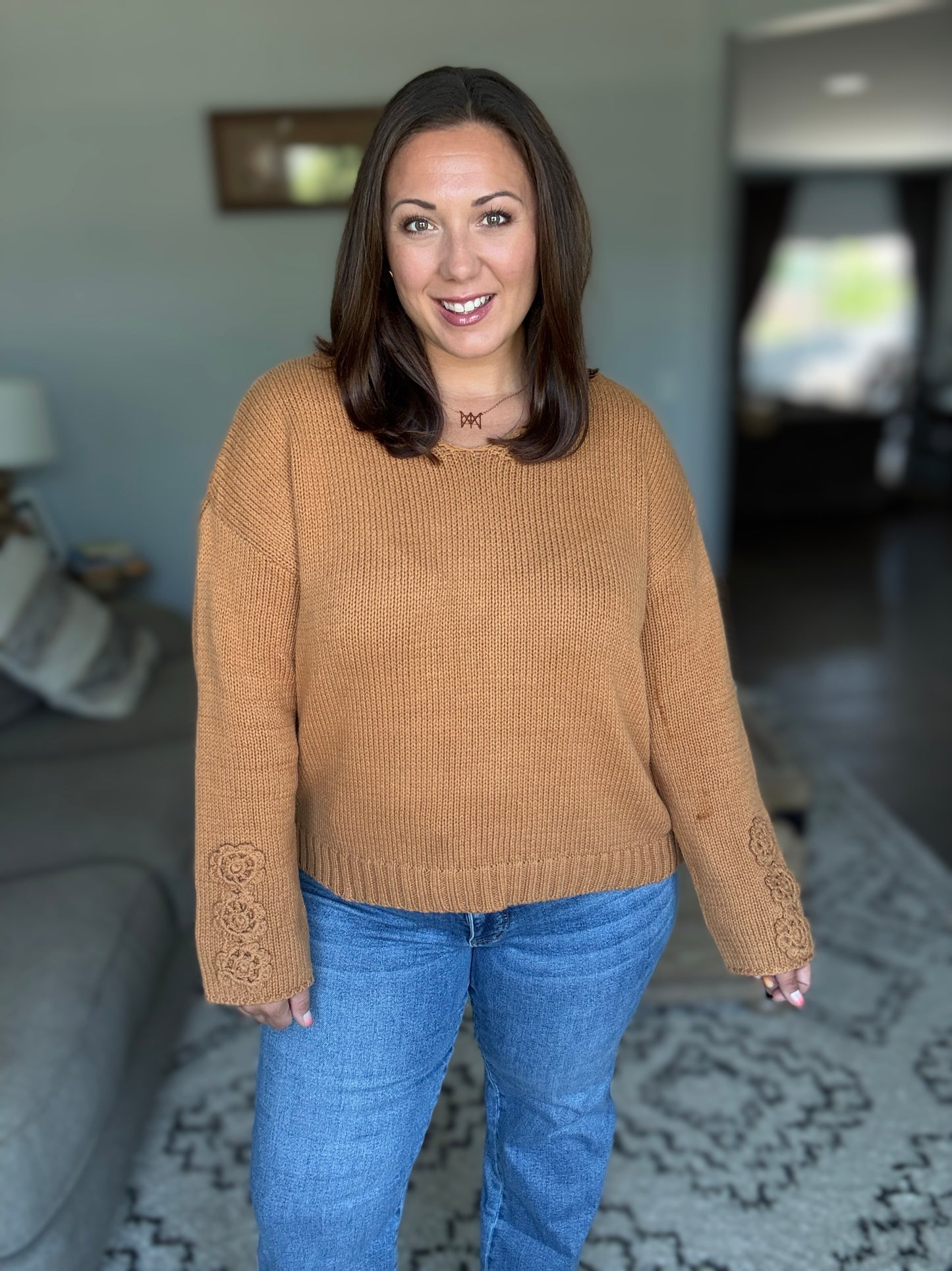 Michelle Mae Crochet Sleeve Top - Camel