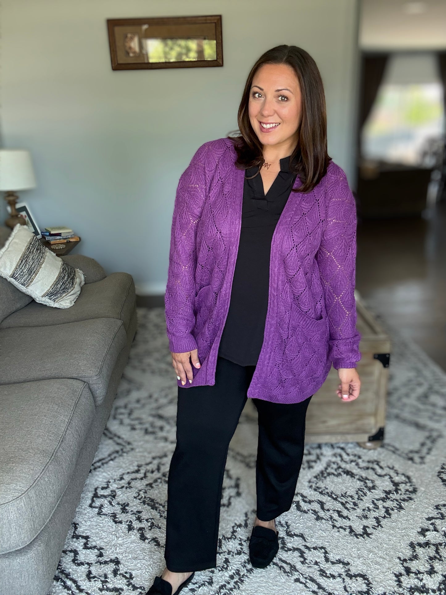 Michelle Mae Open Knit Cardigan - Purple