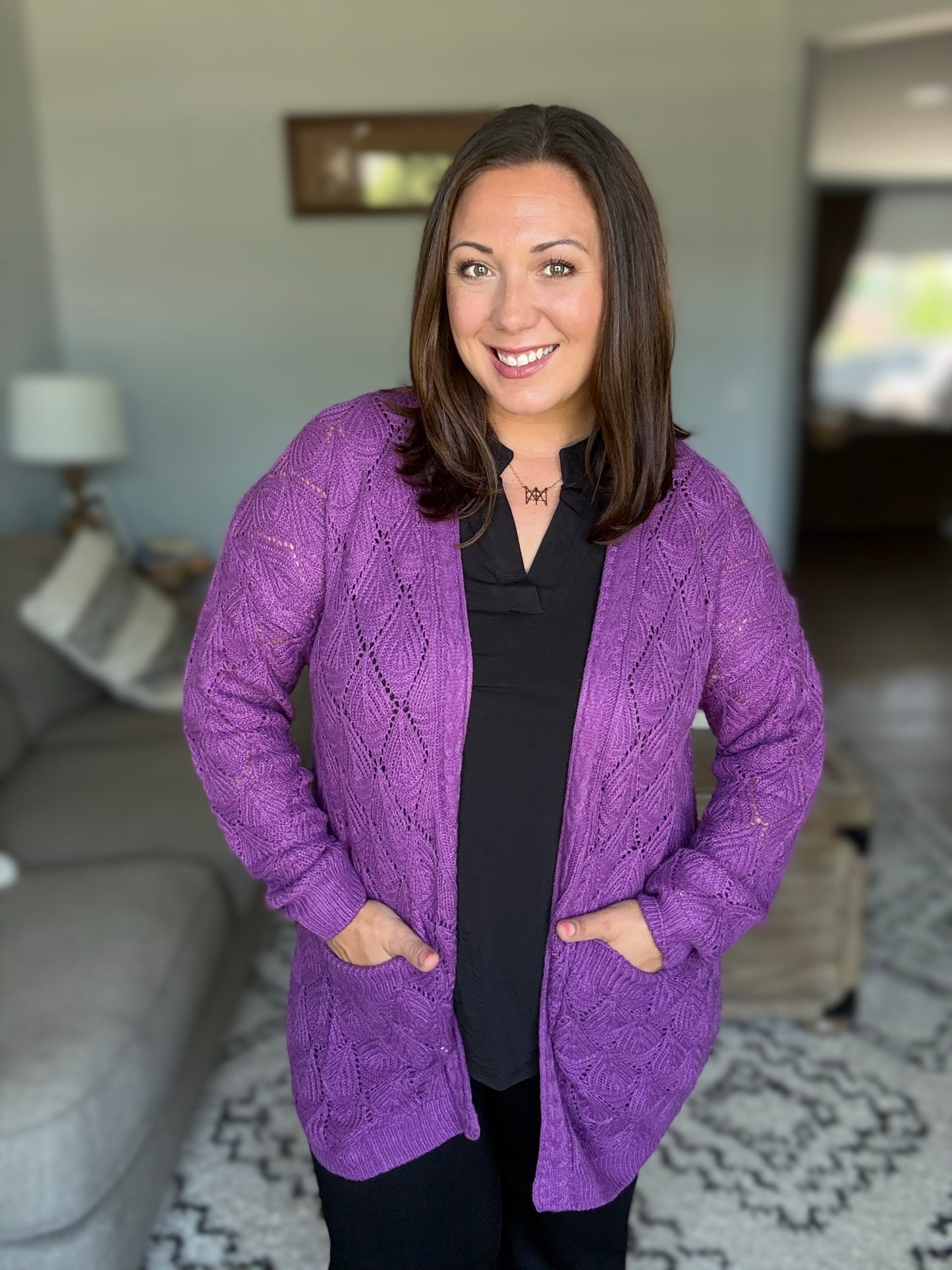 Michelle Mae Open Knit Cardigan - Purple