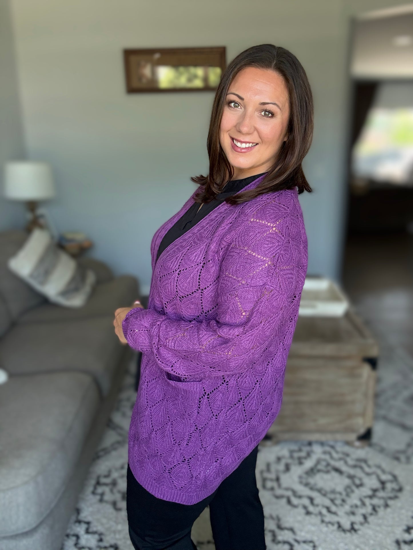 Michelle Mae Open Knit Cardigan - Purple