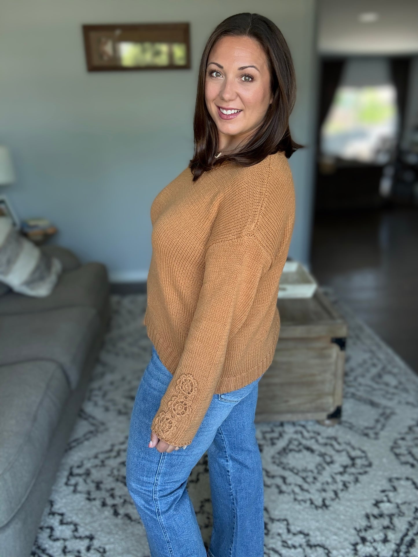 Michelle Mae Crochet Sleeve Top - Camel