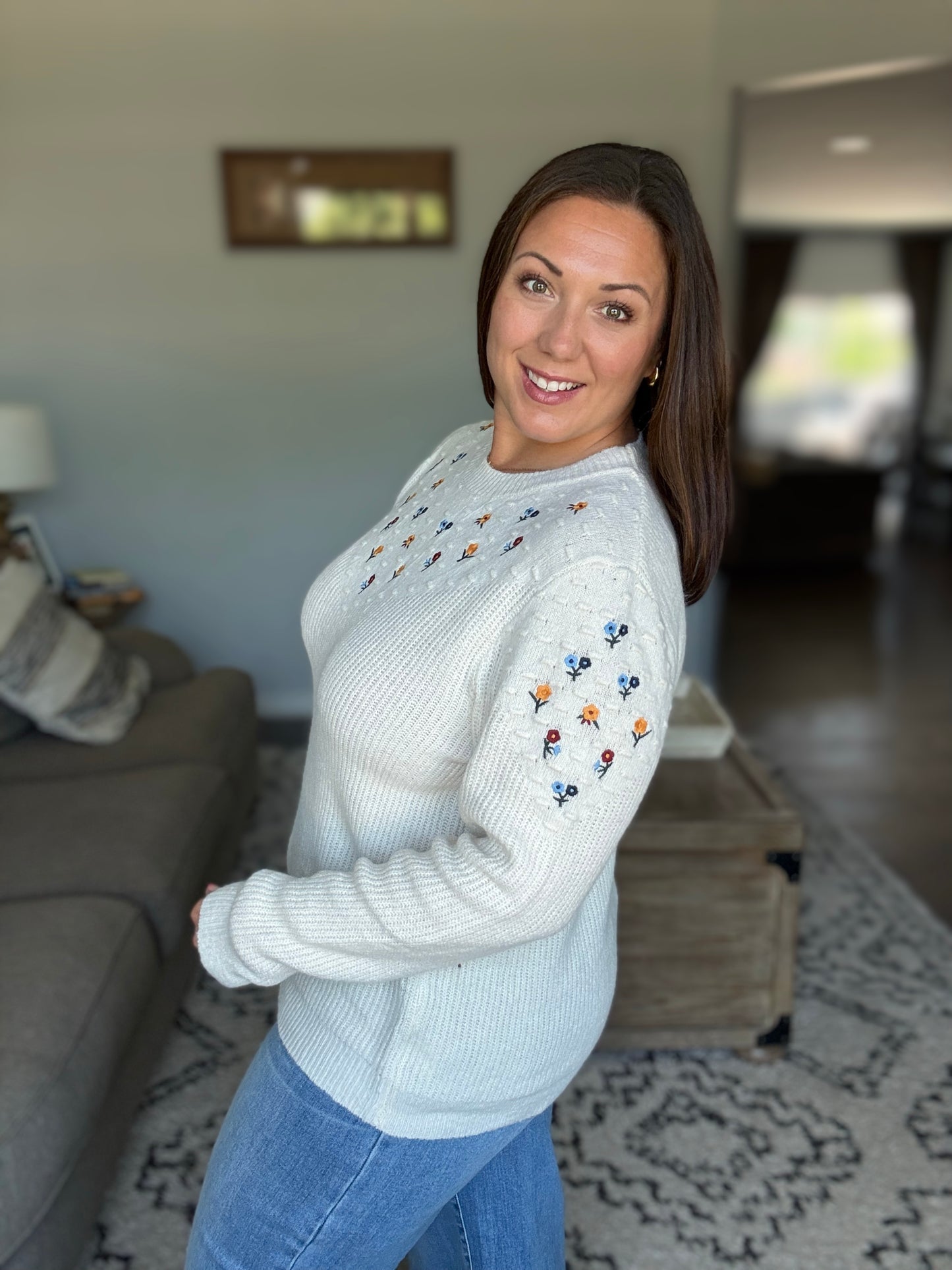 Michelle Mae Micro Flower Sweater - Ivory