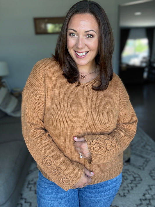 Michelle Mae Crochet Sleeve Top - Camel