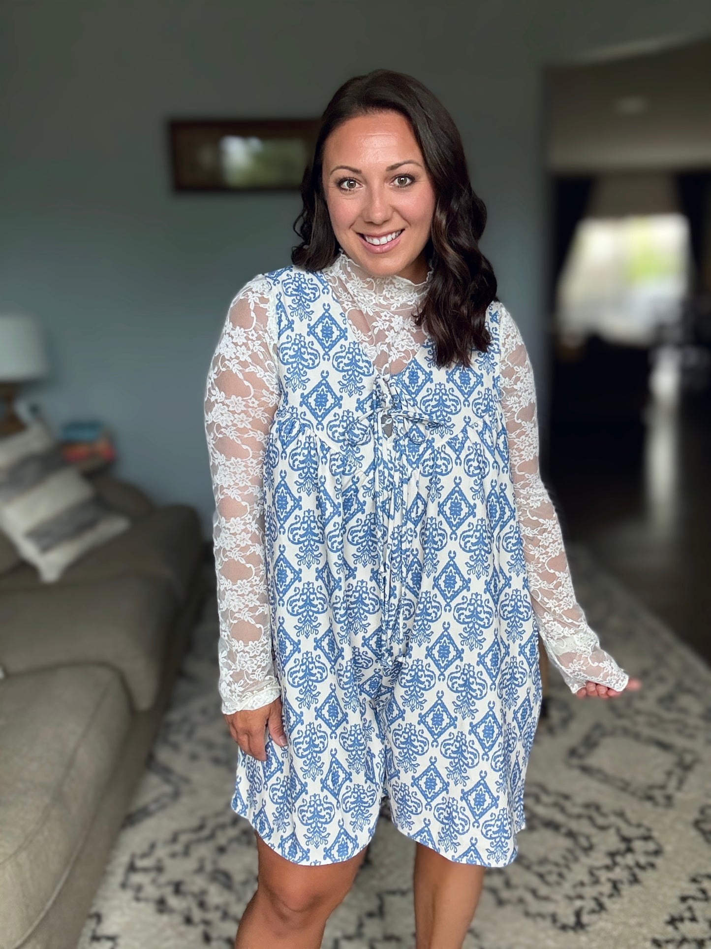 Miss Mischief V-Neck Romper in Blue