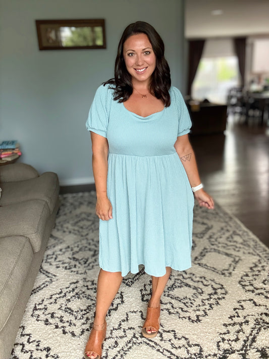 Twirlin’ Dirty Cable Ribbed Knit Dress in Sage Green