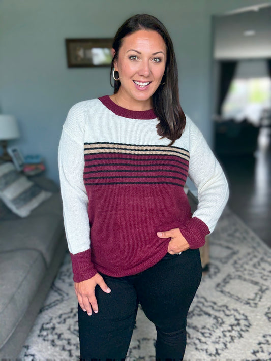 BiBi Color Block Sweater With Stripe Yoke in Burgundy