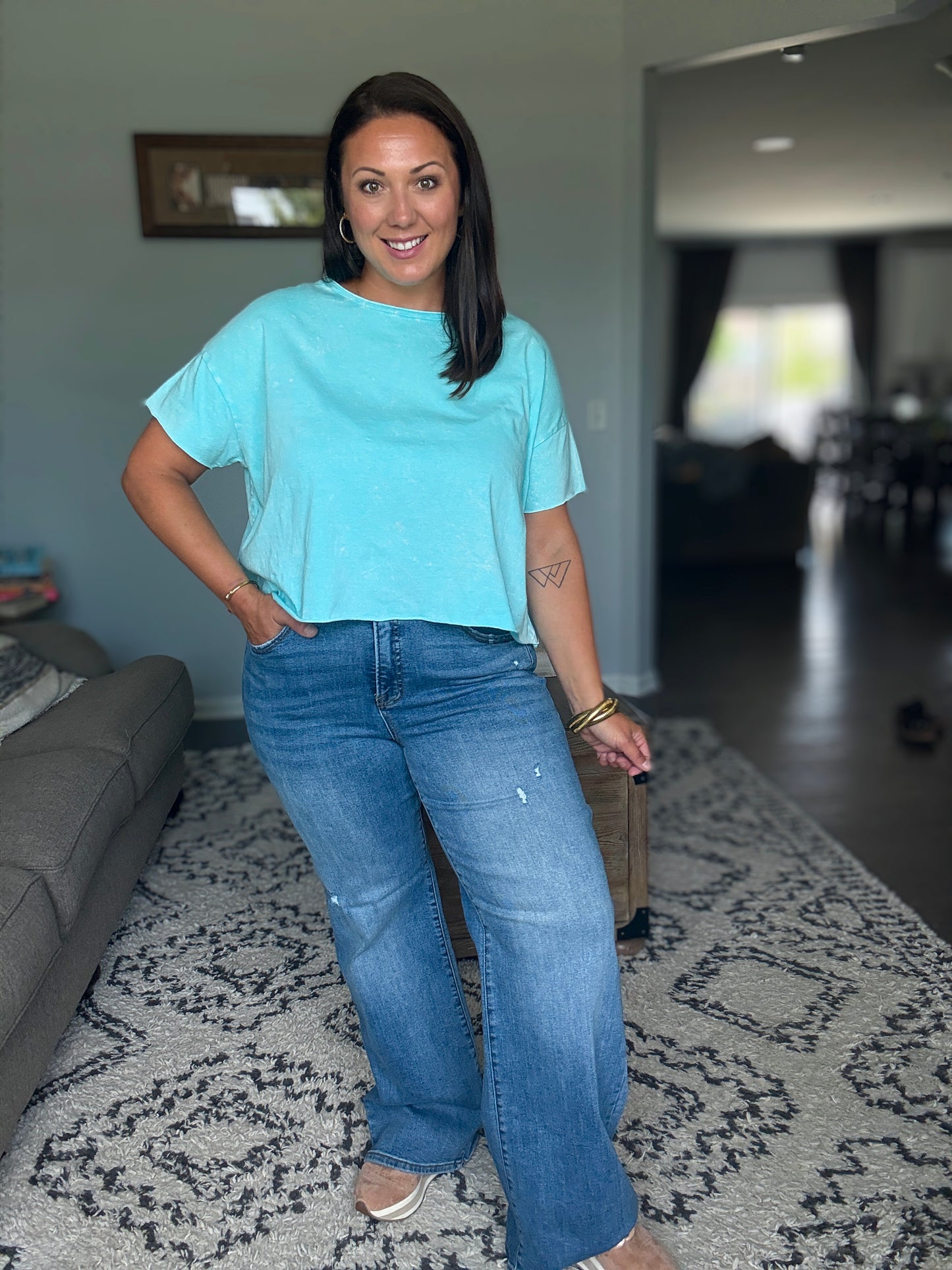 RISEN Emma Tummy Control Elastic Band High Rise Wide Jeans