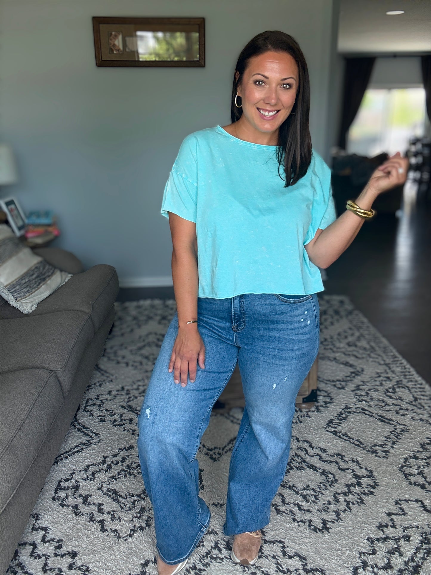 RISEN Emma Tummy Control Elastic Band High Rise Wide Jeans