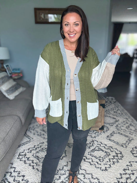 BiBi Color Block Varsity Sweater Cardigan with Buttons in Olive
