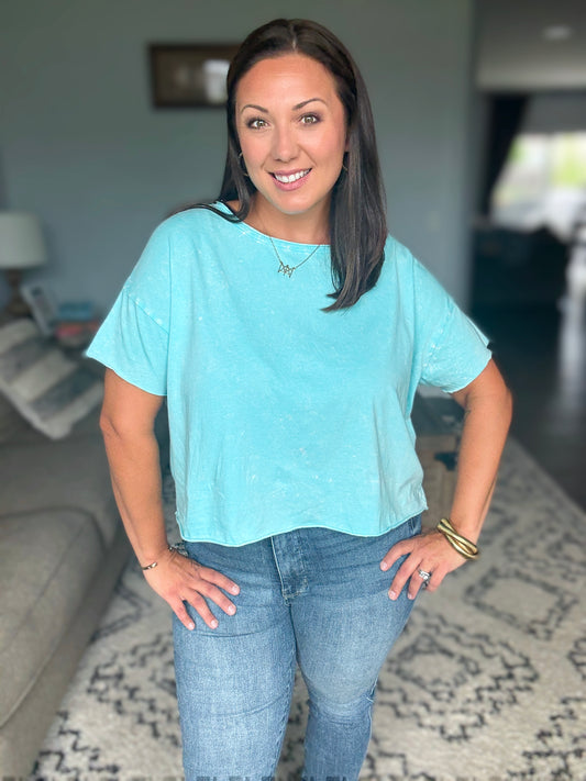 Zenana Washed Cropped Boxy Tee in Mint Sky