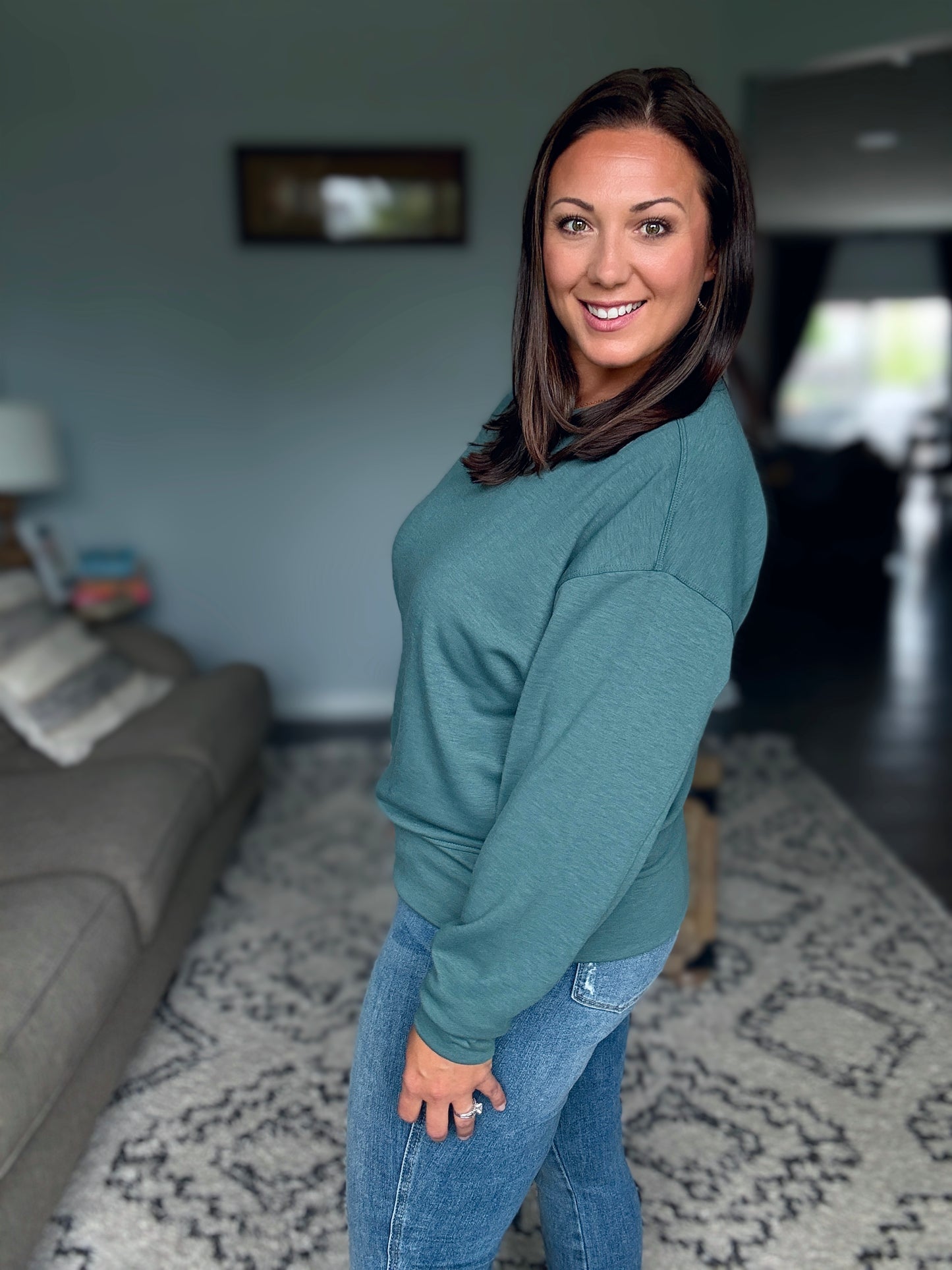 Zenana Scuba Crewneck 2 Piece Jogger and Pullover Set in Ash Jade