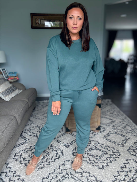 Zenana Scuba Crewneck 2 Piece Jogger and Pullover Set in Ash Jade