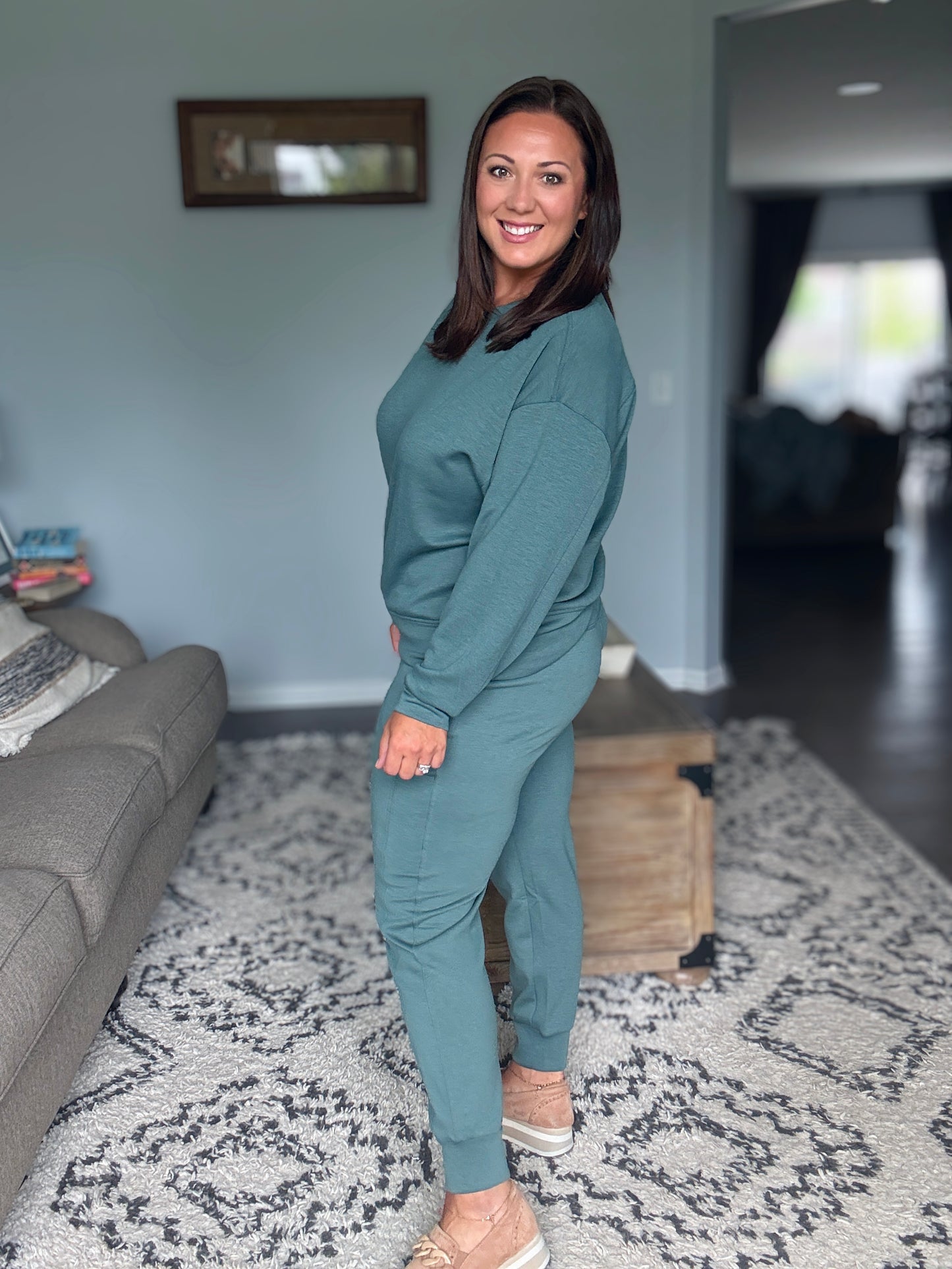 Zenana Scuba Crewneck 2 Piece Jogger and Pullover Set in Ash Jade