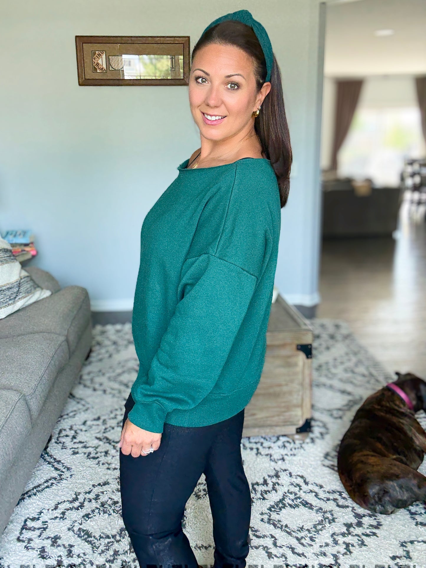 Side Hustle Off Shoulder Long Sleeve Top in  Hunter Green