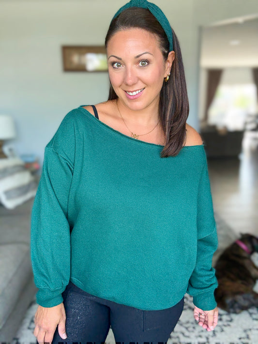 Side Hustle Off Shoulder Long Sleeve Top in  Hunter Green