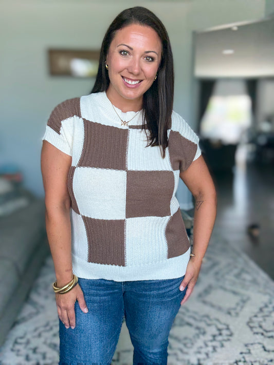 Michelle Mae Checkered Sweater Top - Mocha