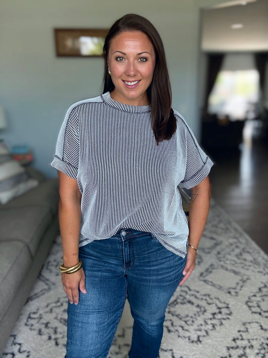 Catch Me Loungin’ Cable Ribbed Knit Top in Black and White