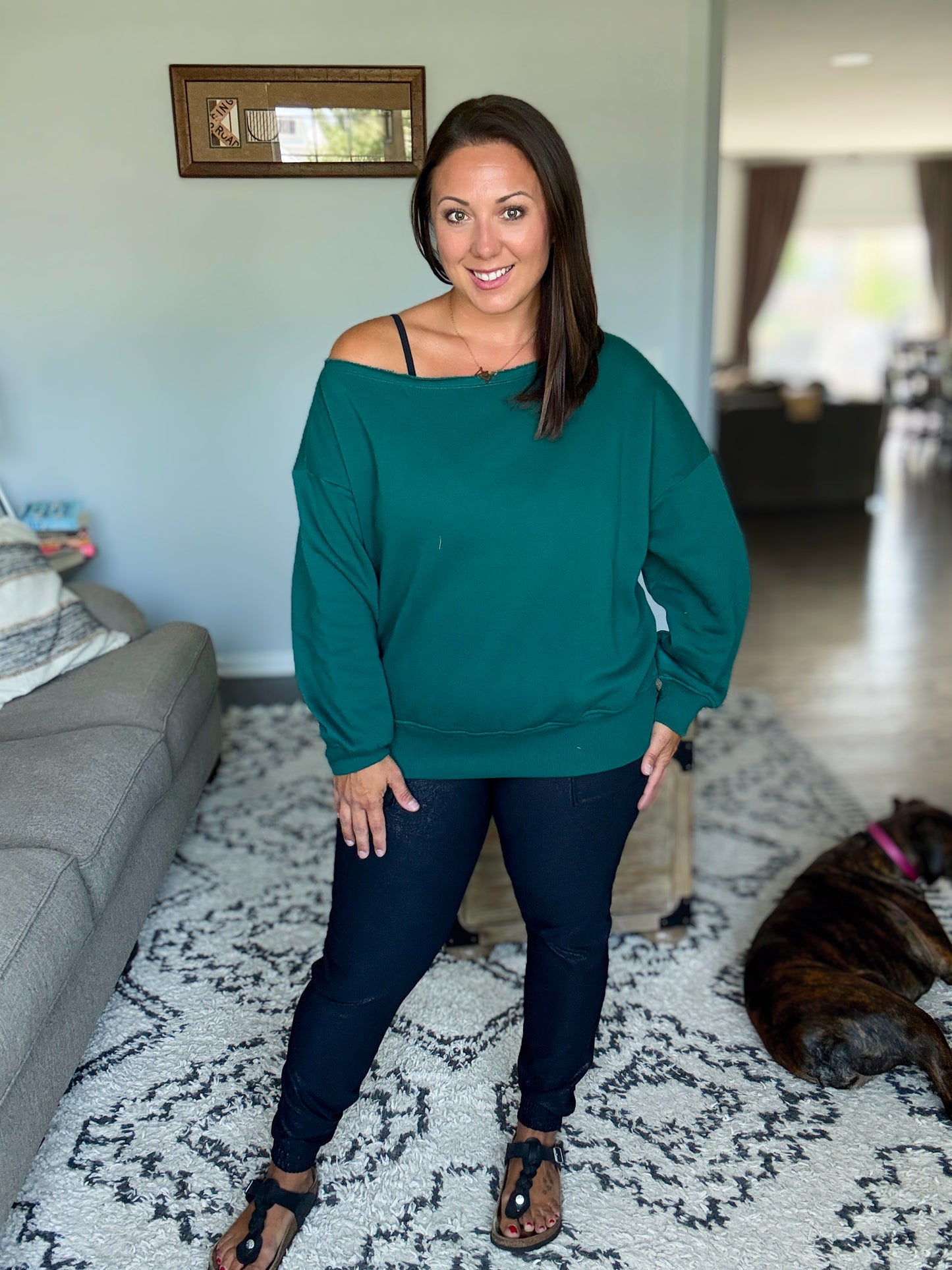 Side Hustle Off Shoulder Long Sleeve Top in  Hunter Green