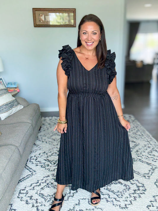 Pinstripe Romance V-Neck Ruffle Sleeve Dress in Black