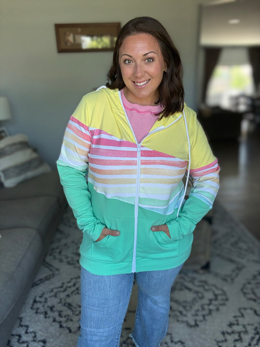 Michelle Mae Colorblock Fullzip - Yellow, Rainbow Stripes, and Lime