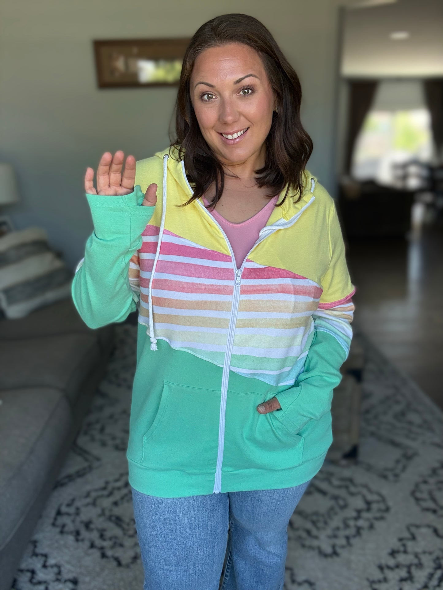 Michelle Mae Colorblock Fullzip - Yellow, Rainbow Stripes, and Lime