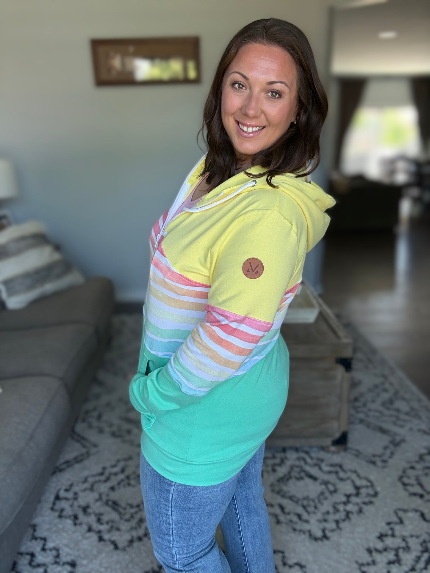 Michelle Mae Colorblock Fullzip - Yellow, Rainbow Stripes, and Lime