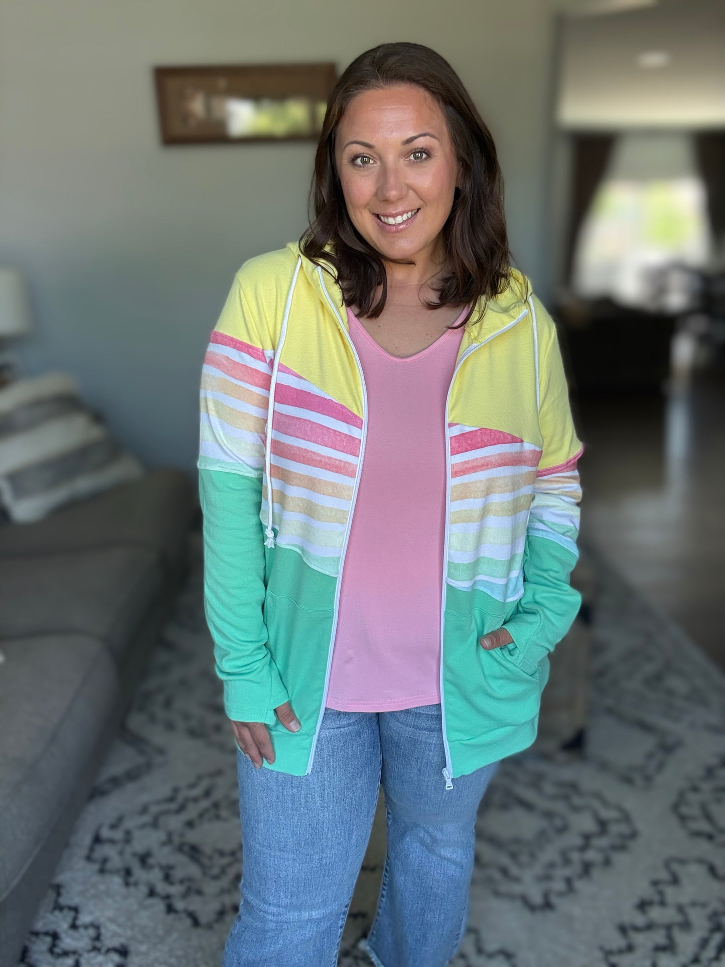 Michelle Mae Colorblock Fullzip - Yellow, Rainbow Stripes, and Lime