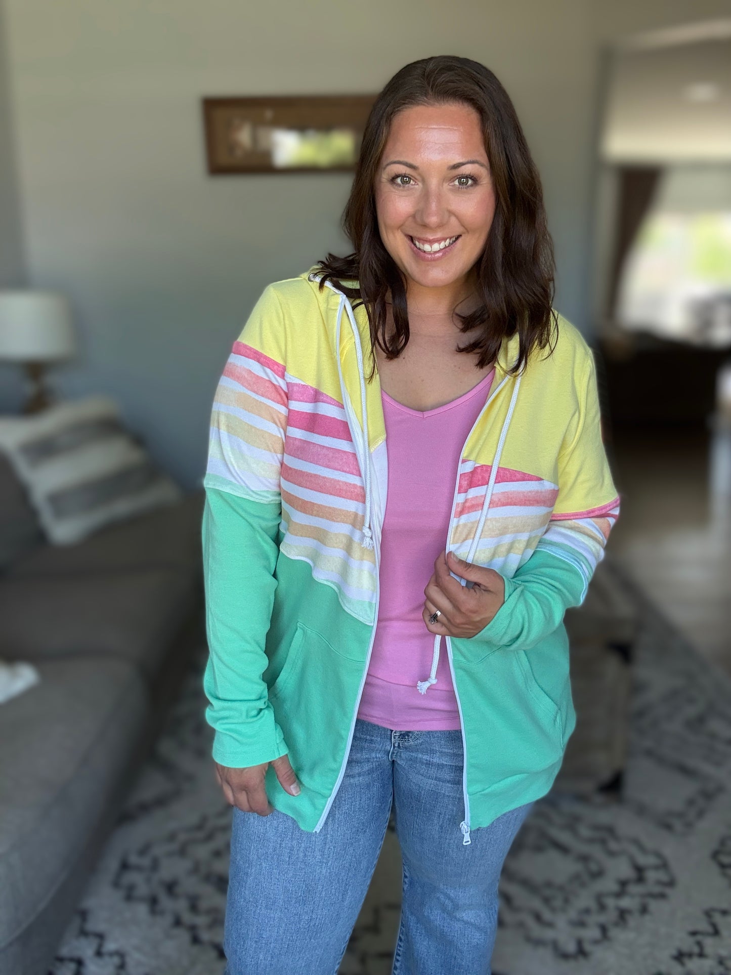 Michelle Mae Colorblock Fullzip - Yellow, Rainbow Stripes, and Lime
