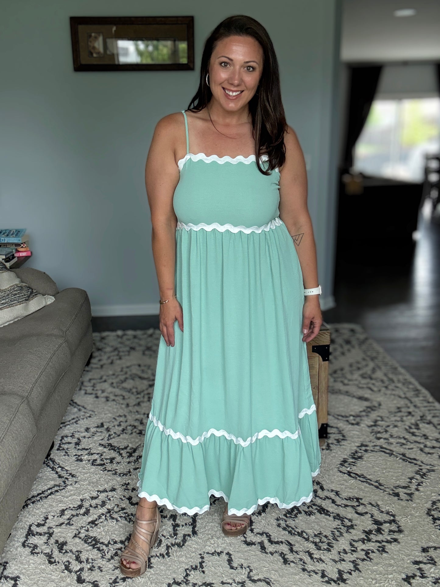 Ripple Effect Spaghetti Strap Dress in Sage