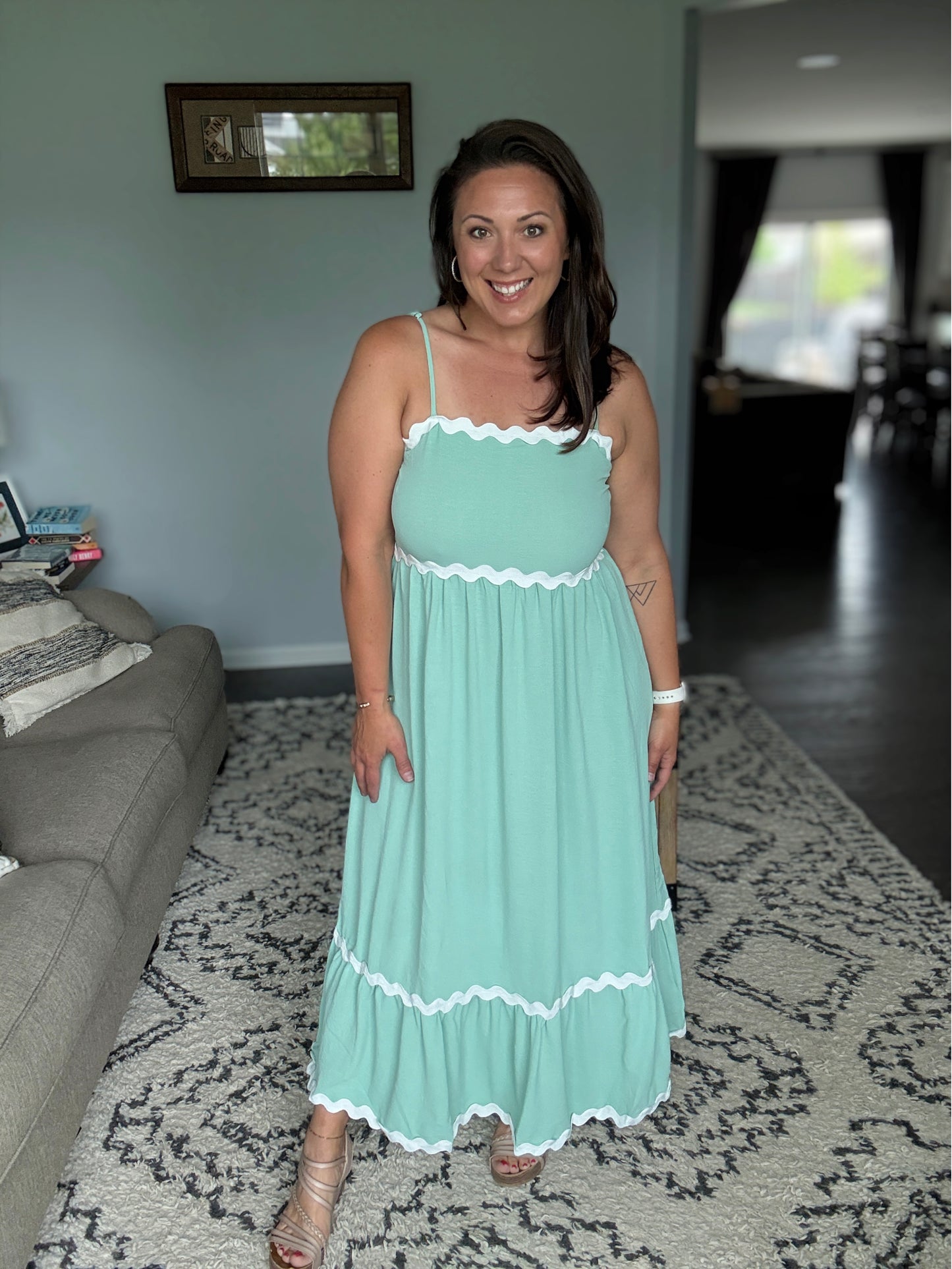 Ripple Effect Spaghetti Strap Dress in Sage