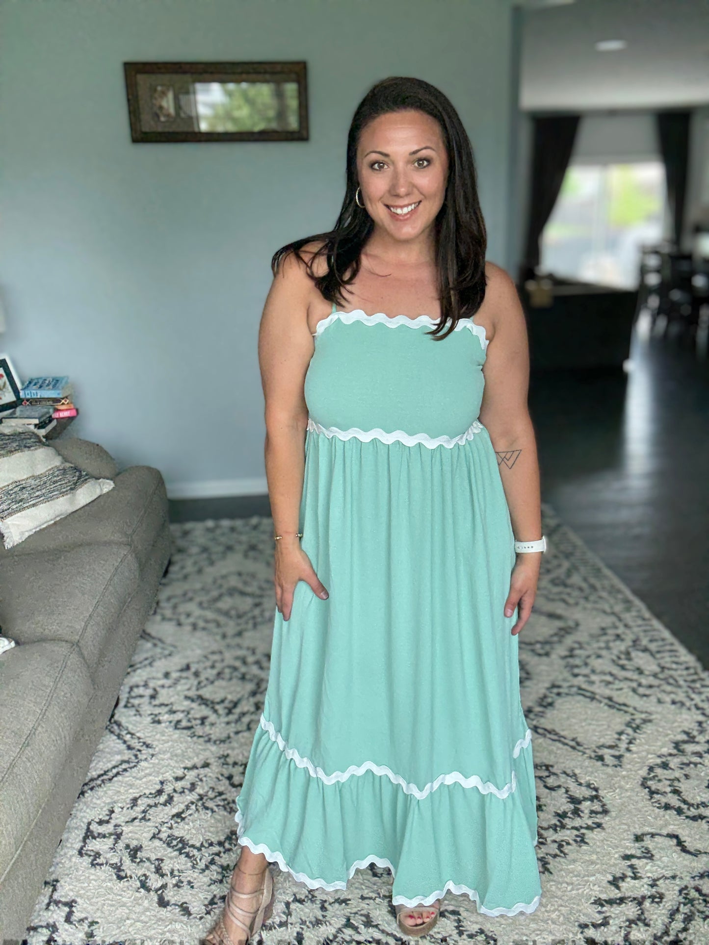 Ripple Effect Spaghetti Strap Dress in Sage