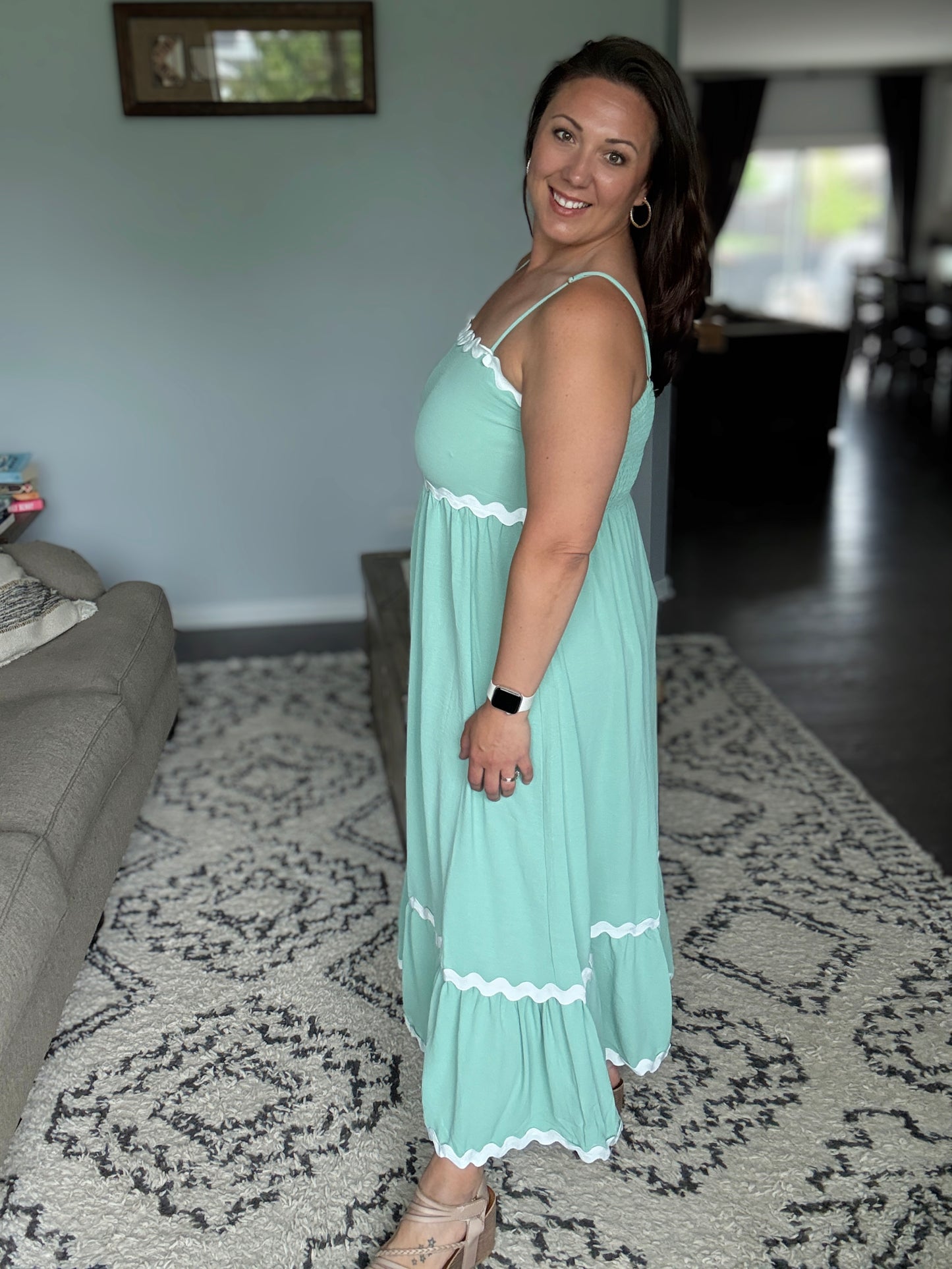 Ripple Effect Spaghetti Strap Dress in Sage