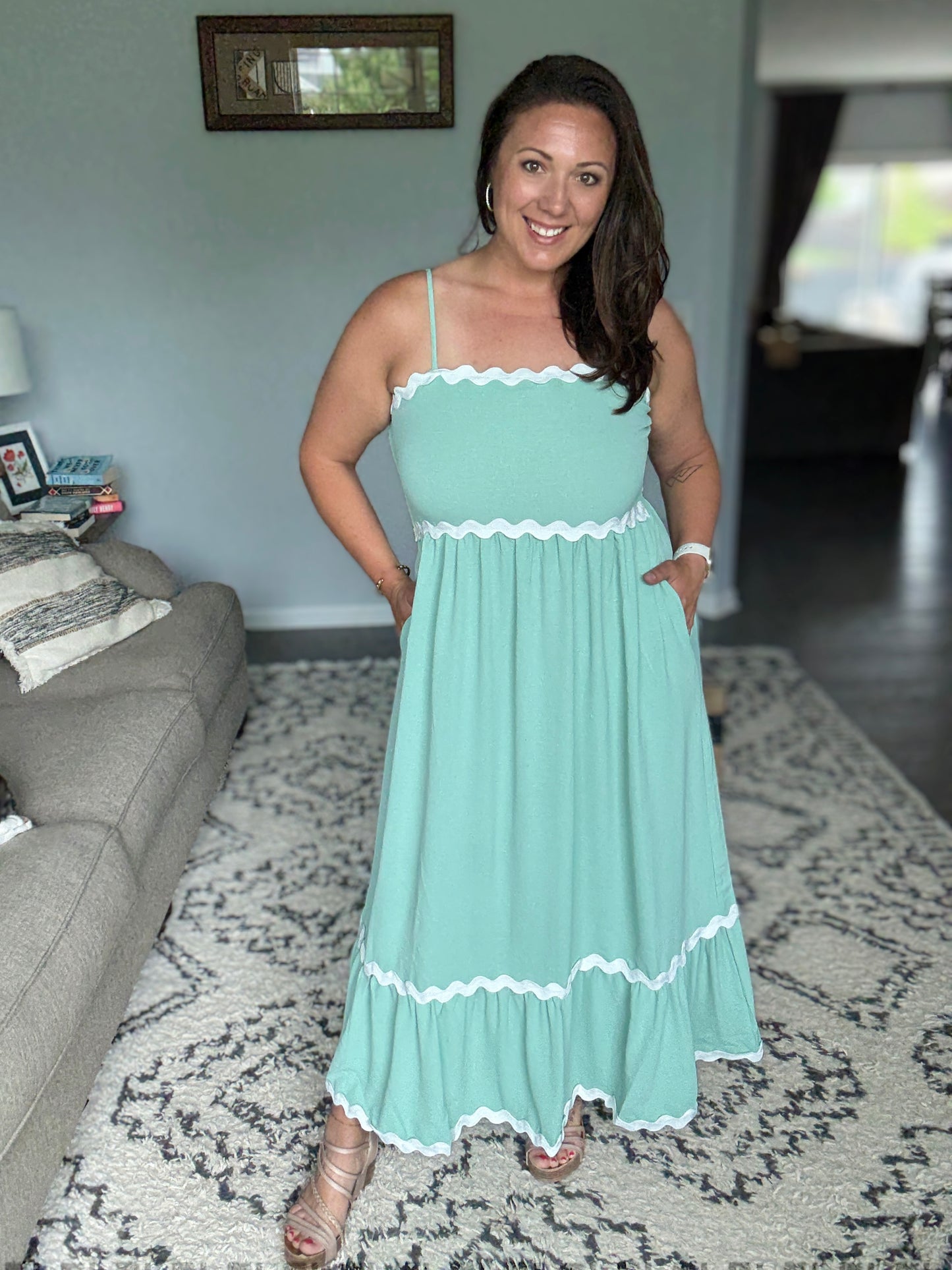Ripple Effect Spaghetti Strap Dress in Sage
