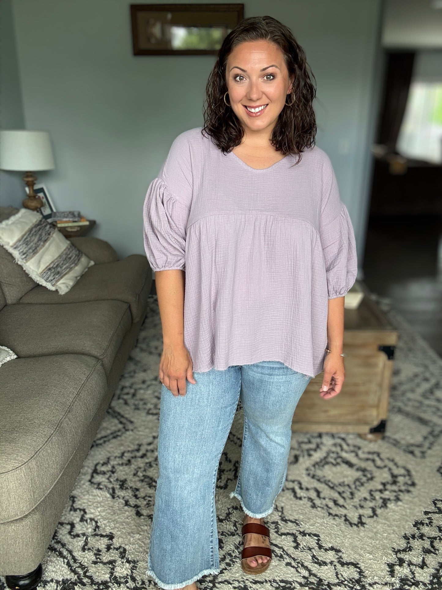 Pleasantly Perfect Bubble Sleeve Peasant Blouse