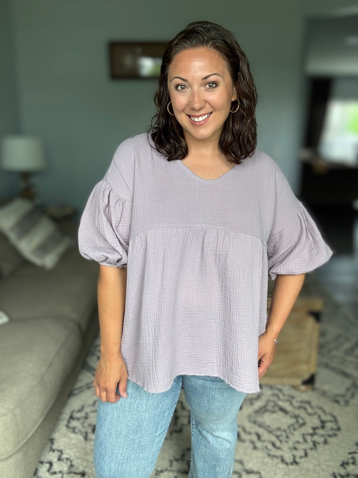Pleasantly Perfect Bubble Sleeve Peasant Blouse