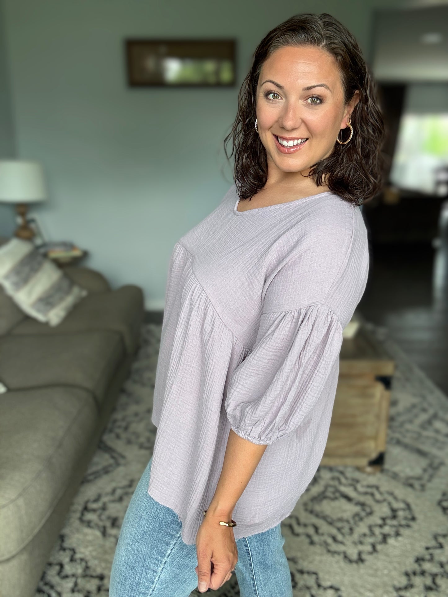Pleasantly Perfect Bubble Sleeve Peasant Blouse