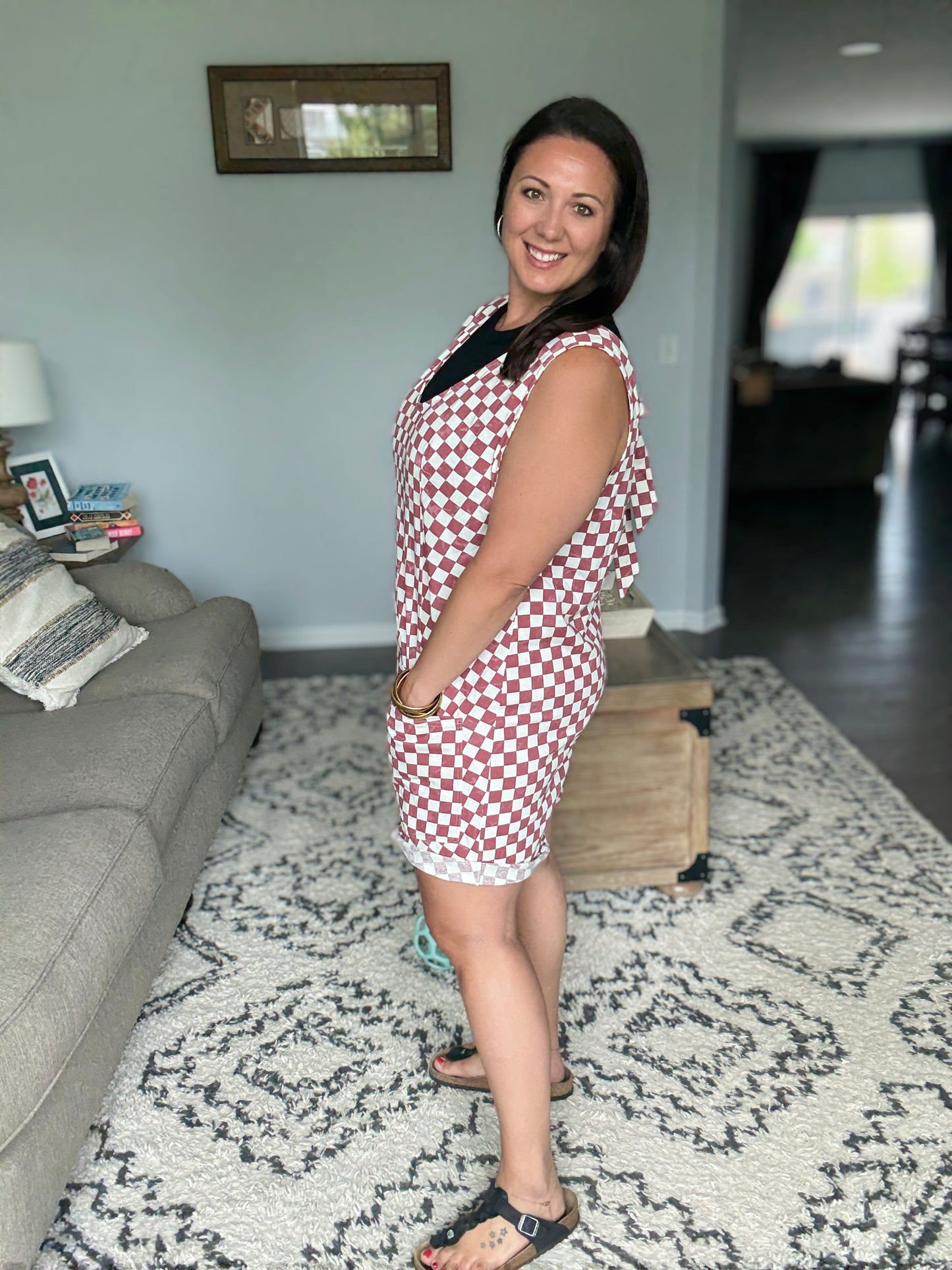 Jade By Jane Plus Size Back Tie Plaid Romper with Pockets in Marsala Red