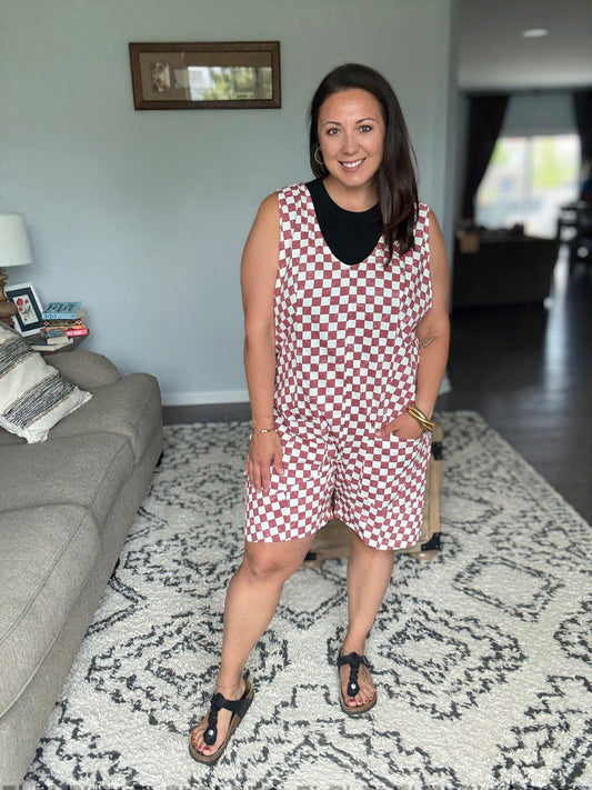 Jade By Jane Plus Size Back Tie Plaid Romper with Pockets in Marsala Red