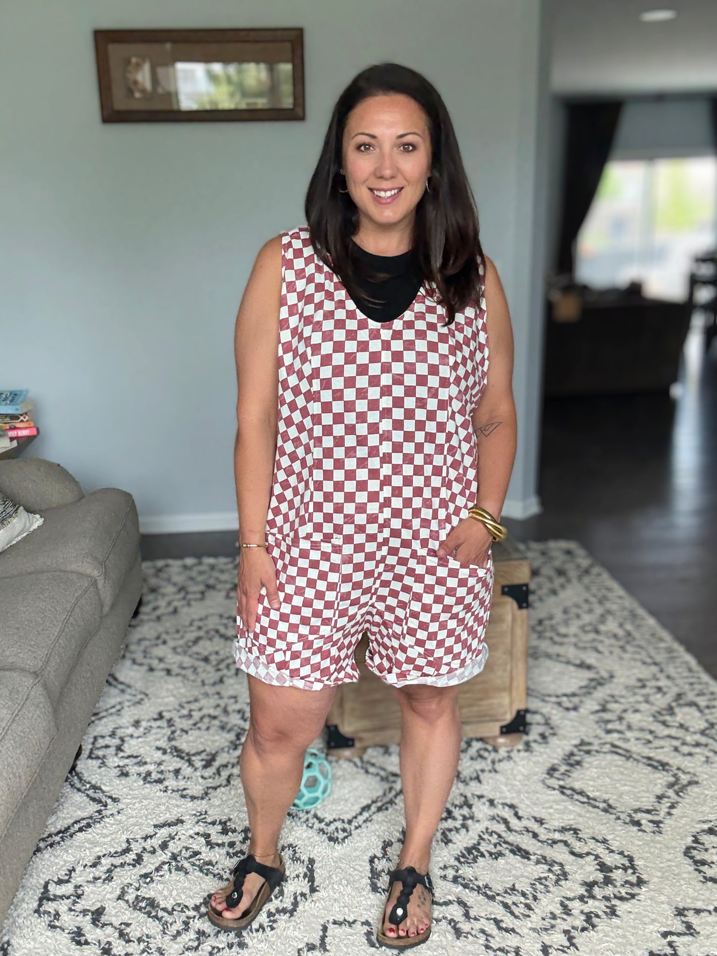 Jade By Jane Plus Size Back Tie Plaid Romper with Pockets in Marsala Red