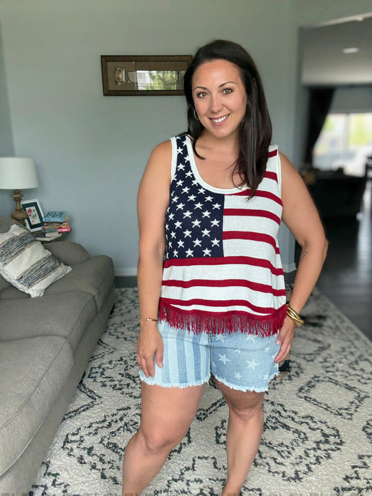 Jade By Jane American Flag Fringe Tank Top