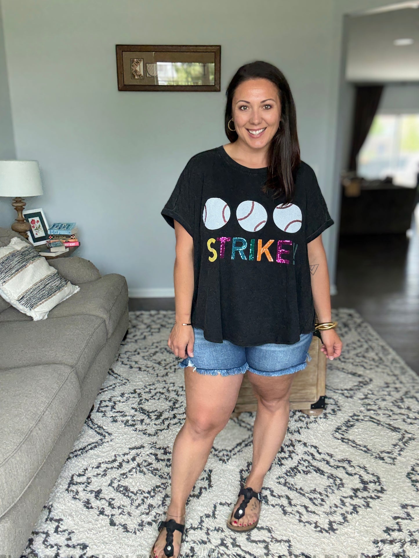 BiBi Sequin Baseballs Strike Washed Short Sleeve Top