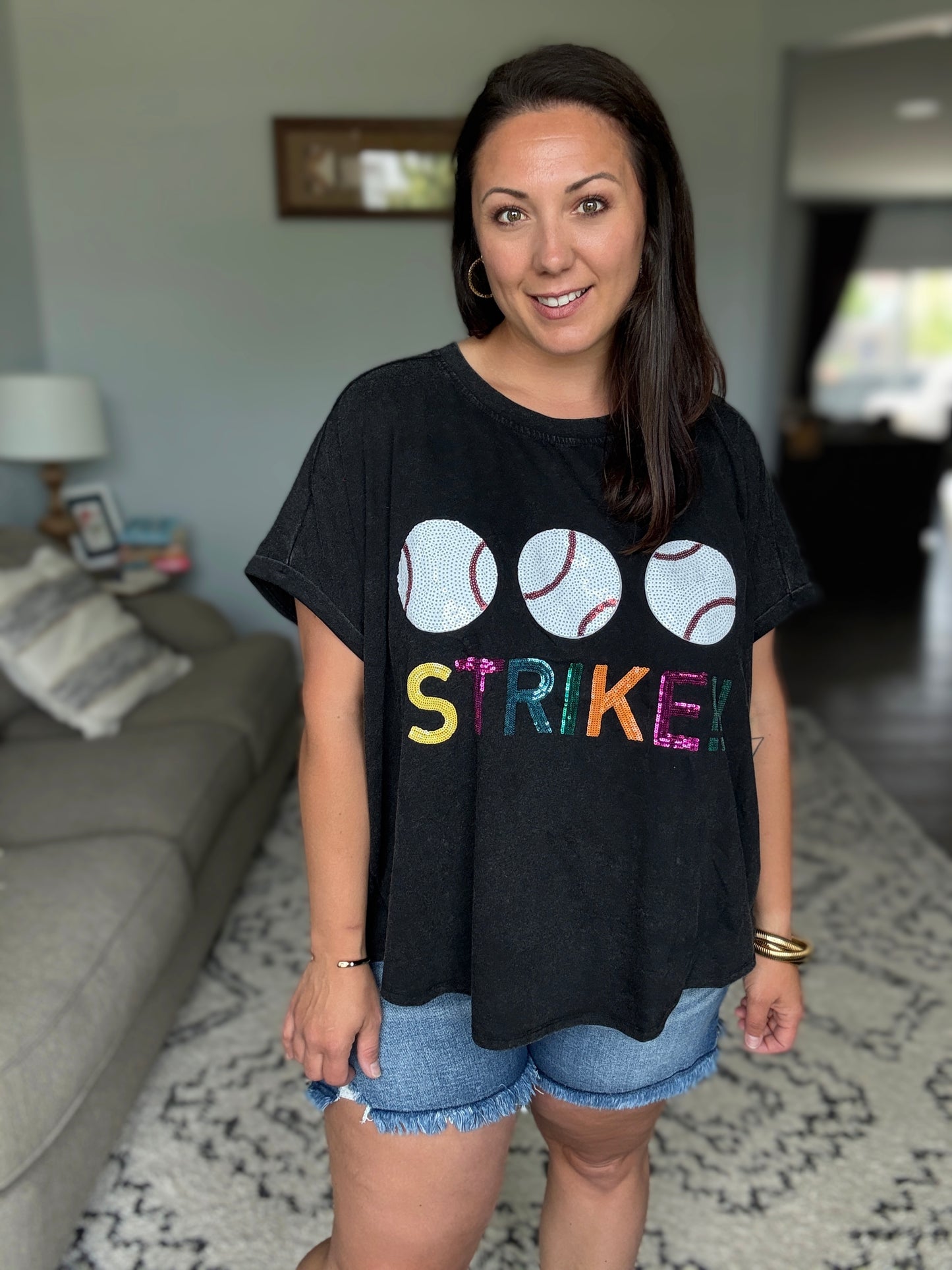BiBi Sequin Baseballs Strike Washed Short Sleeve Top