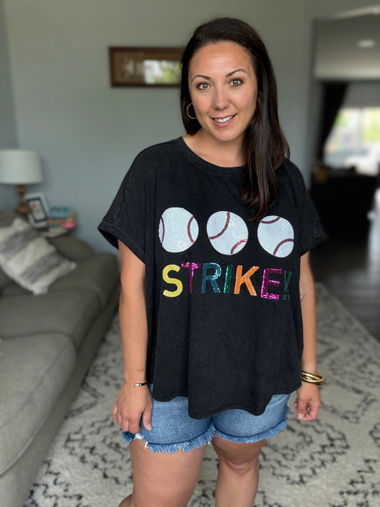 BiBi Sequin Baseballs Strike Washed Short Sleeve Top