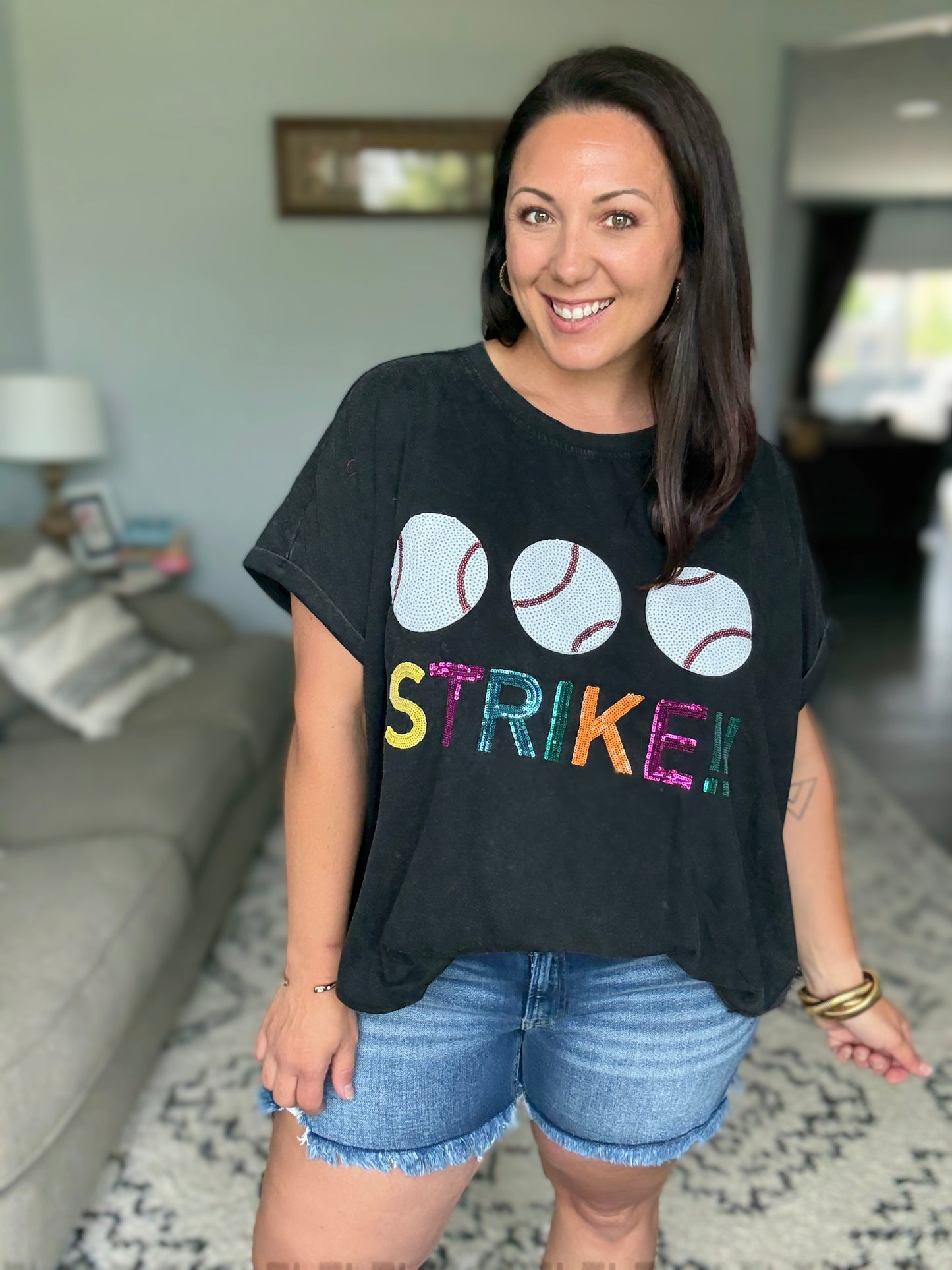 BiBi Sequin Baseballs Strike Washed Short Sleeve Top