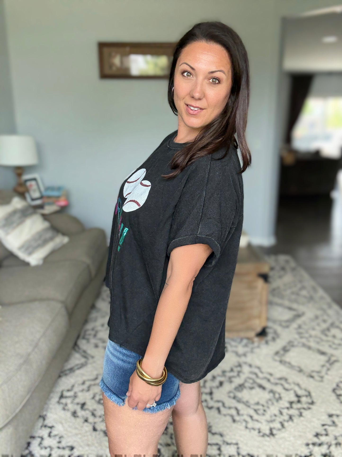 BiBi Sequin Baseballs Strike Washed Short Sleeve Top