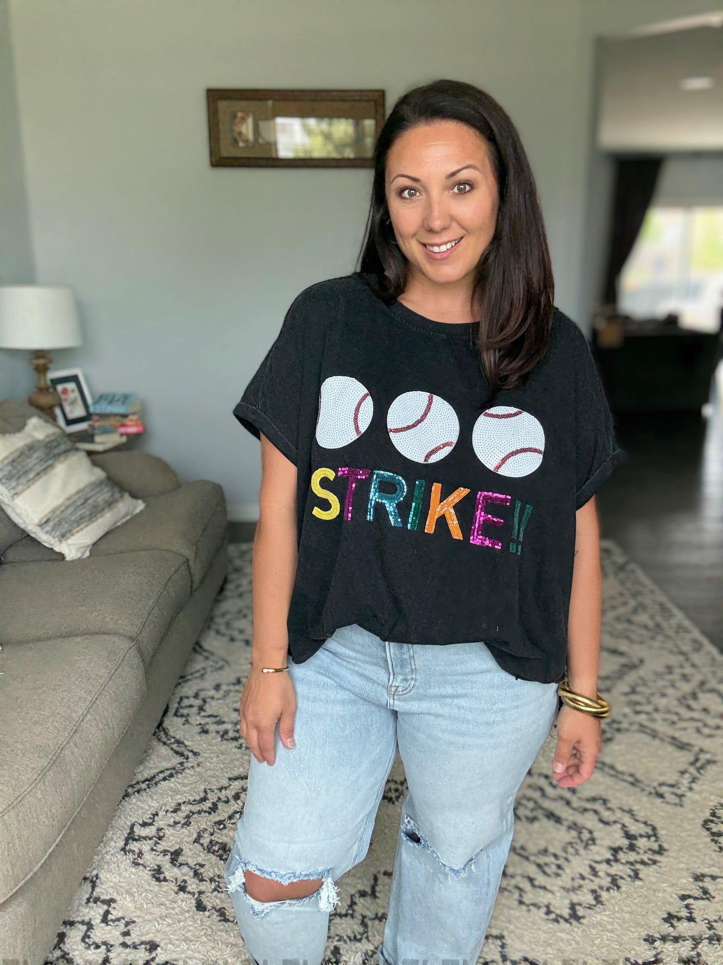 BiBi Sequin Baseballs Strike Washed Short Sleeve Top