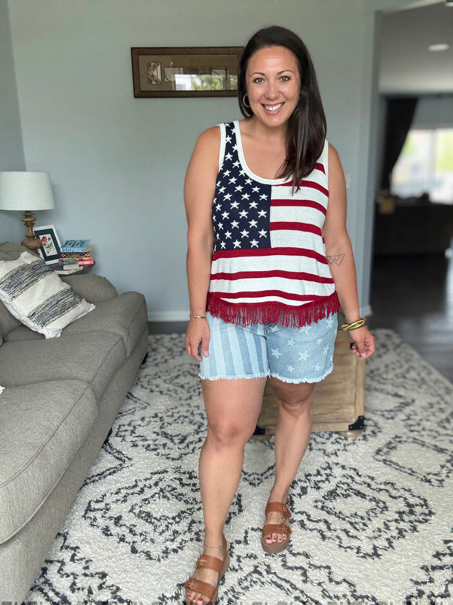 Jade By Jane American Flag Fringe Tank Top