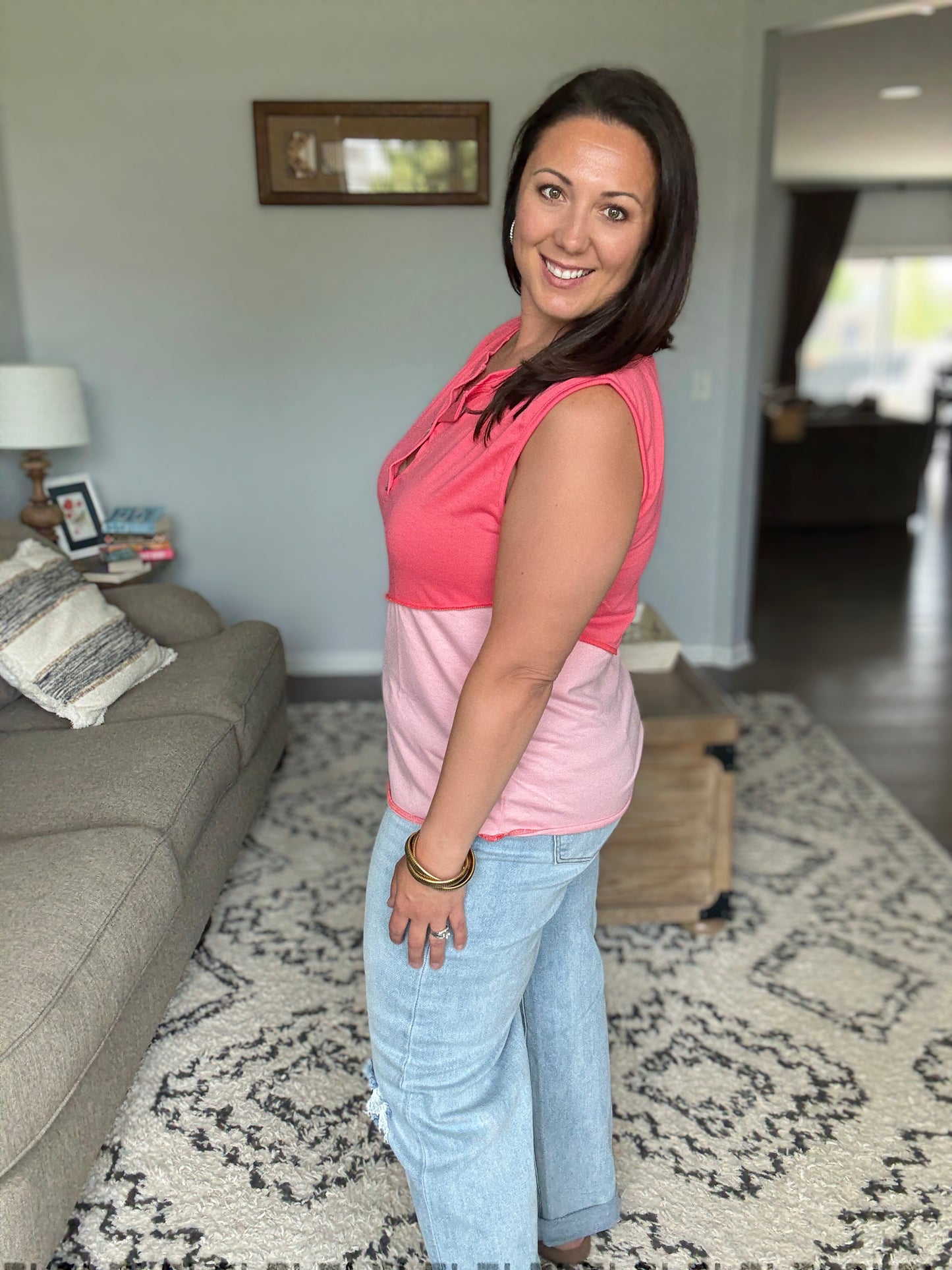 BiBi Color Block Contrast Stitching Buttoned Henley Top in Coral/Blush