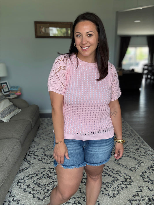 BiBi Crochet Knit Top With Puff Sleeves in Blush Pink