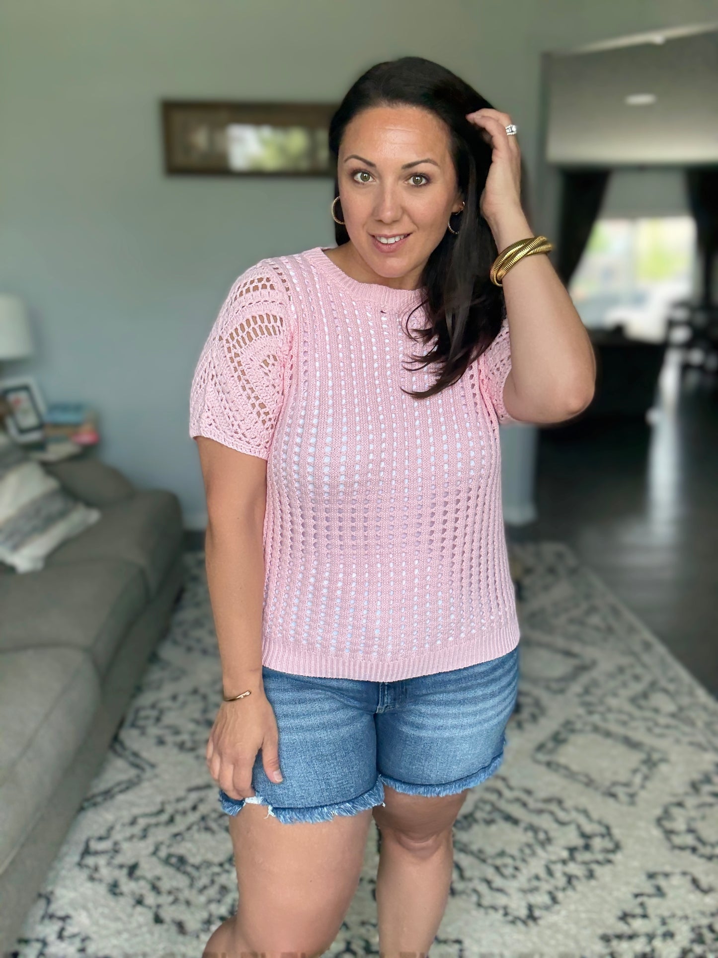 BiBi Crochet Knit Top With Puff Sleeves in Blush Pink